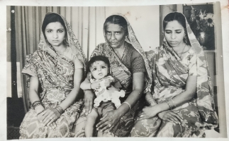 Maharani Ghanshyam Kanwar of Ghotarsi, Thakurani Goverdhan Kanwar of Achlawada and Thakurani Saheb of Lalakhedi holding rajkumar Ranvijay Singh of Ghotarsi