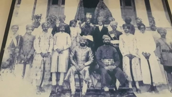 Maharaj Shri Sardar Nahar Singh Ji and his younger brother (left side) Maharaj Shri Jaswant Singh Ji with his courtiers, Ujjain, M.P.