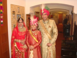 Maharaj Maheshwar Singh of Banswara with Rajkumar Vedant Singh and Rani Saheba Navneeta Kumari (Banswara)