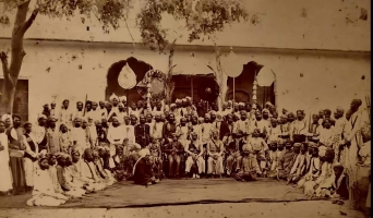 Photograph of Rajrana Sahib Duleh Singh Ji during his wedding to Rani Anand Kanwar Ji of Barwara, also sitting in this photograph are Maharaj Sahib Jawan Singh Ji and Maharaj Sahib Chatur Singh Ji