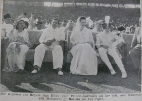 Maharaja Pratapsinhrao Gaekwar with wife Maharani Sita Devi and Begum Aga Khan in early 1950's (Baroda)