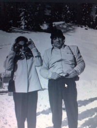 Maharani Sita Devi seen with Maharaja Pratapsinghrao Gaekwad at a ski resort in Europe in 1947