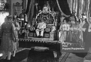 Pratap Singh Gaekwad (1908 - 1968), Maharaja of Baroda, sits enthroned at the start of the Durbar to celebrate his 40th birthday, Baroda (Vadodara), India, 21st January 1948