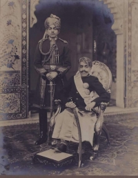 Maharana Bhupal Singhji of Udaipur (1884 - 1955) with Major Gen. Rao Sahib Bedla Manohar Singhji, the then Prime Minister of Mewar State