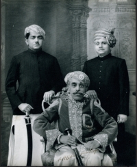 Historic Portrait of Maharana Bhupal Singh Ji of Mewar (sitting) with Rao Saheb Manohar Singh Ji of Bedla (left) and Ummed Singh Ji of Jodhpur