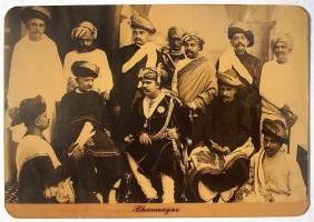 Maharaja Rawal Shri Takhtsinhji of Bhavnagar seen with the aristocracy of his court mainly comprised of Maratha nobility, circa 1884 (Bhavnagar)
