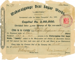 Share of Maharajgunge Desi Sugar Works, a Sugar Mill. Thakurs of Bidhupura were shareholders of big companies like Maharjgunge Desi Sugar Works, Calico Mills (Bidhupura)