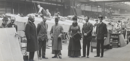 H.M. King George V and H.M. Queen Mary, accompanied by H.H. Maharaja Shri Ganga Singh of Bikaner, visit the Sopwith Aviation Company