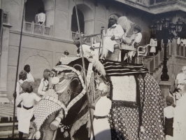 HH Maharaja Ganga Singhji of Bkaner alongwith Raja Bhupal Singhji of Mahajan Sirayat Noble of Bikaner accompanying HH on Elephant (Bikaner)