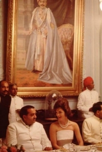 HH Maharaja Shri Dr. Karni Singh Sahib of Bikaner sitting with Jacqueline Kennedy during her visit to Udaipur in 1962 (Bikaner)