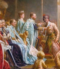 'Investiture of the Star of India, Delhi' (detail), by George Jacomb-Hood. King George V is depicted awarding the GCSI to HH Maharaja Ganga Singhji Maharaja of Bikaner, at the 1911 Delhi Durbar. (Bikaner)