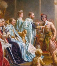 'Investiture of the Star of India, Delhi' (detail), by George Jacomb-Hood. King George V is depicted awarding the GCSI to HH Maharaja Ganga Singhji Maharaja of Bikaner, at the 1911 Delhi Durbar.