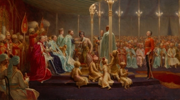 'Investiture of the Star of India, Delhi' (detail), by George Jacomb-Hood. King George V is depicted awarding the GCSI to HH Maharaja Ganga Singhji Maharaja of Bikaner, at the 1911 Delhi Durbar.