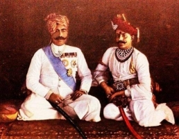 Portrait of Maj.-Gen.H.H Maharaja Sri Sir GANGA SINGHJI Bahadur, Maharaja of Bikaner with Colonel H.H Zubdat ul-Mulk Shri Diwan Mahakhan Nawab Sir Taley Muhammad Khan Bahadur, Nawab of Palanpur. (Bikaner)