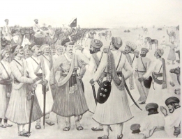 Rao Bikaji, of Bikaner, Being annointed as King by subdued Chieftains of Jangladesh (Bikaner)