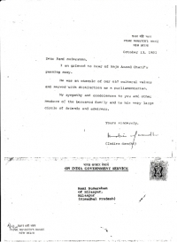 Grievance Letter from P.M Indira Gandhi on the demise of H.H.Raja Sir Anand Chand (Bilaspur)