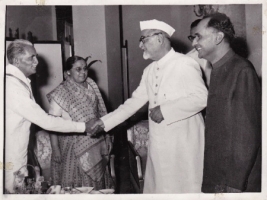 Mr.and Mrs Ranga, Swatantra Party shaking hands with President Zakir Hussain of India and H.H.Raja Sir Anand Chand
