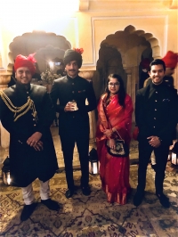 Yuvaraj Eklavya Singh, his wife Yuvrani Yashwant Kumari and cousin Kunwar Aanjneya Singh with HH Padmanabh Singh for Diwali function at City Palace Jaipur