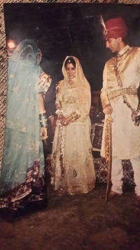 Thakurani Purnima Kumari & Thakur Pranai Singh of Bissau at their wedding reception in 1990