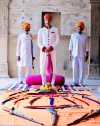 His Highness the Maharao Raja Vanshvardhan Singh of Bundi is seen performing Shastra Puja, the worship of weapons, on Dussehra at Moti Mahal.