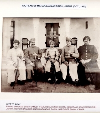 Late Th. Devi Singh Ji of Chomu with HH Maharaja Jaipur and other members of council of State. Rawal Sangram Singh Samode was eldest son of Thakur Devi Singh Ji, later adopted by Rawal of Samode.