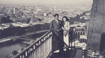 Maharaja of Cooch Behar Bhaiyya Maharaj with Nancy Valentine at Eiffel Tower, 1948