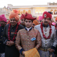 H.H. the late Maharaja of Jaipur (L), H.H. the Maharaja Scindia of Gwalior (C) and H.H. the Maharaja of Jodhpur (R) during Jodhpur-Askote wedding (Gwalior)