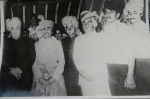 Maharaja Dr. Karni Singhji of Bikaner, attending marriage of Col Thakur Rajendera Singhji of Hardesar, also seen in picture Thakur Bhairon Singhji of Hardesar, Major Rajvi Jugal Singhji of Bogera (Hardesar)