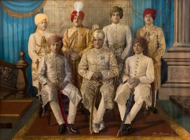 Colonel H.H. Maharajadhiraja Maharaja Shri Himmat Singhji Sahib Bahadur, Maharaja of Idar state together with his two sons and other noble men. (Idar)
