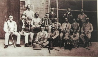 In centre with Pratap Singh Ji of Idar is Winston Churchill who was then a Lt. with 4th Hussar Regiment in India in 1899. (Idar)