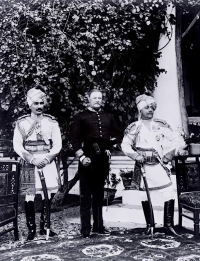 Lt.-Gen. H.H. Maharajadhiraja Shri Sir Pratap Singh of Idar with his adopted son and successor, Daulat Singh, and Col. O'Donnell (Idar)
