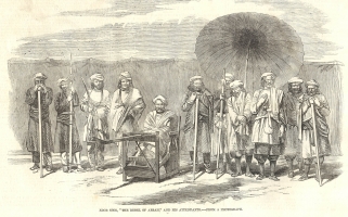 Koor Sing, "The Rebel of Arrah", and his attendants – From a photograph, from the Illustrated London News (1857)