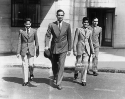 H.H Maharaja Sawai MAN SINGHJI II with his two sons May 1946: outside The Dorchester Hotel in London. He is taking the young princes sightseeing before attending the Victory Parade.