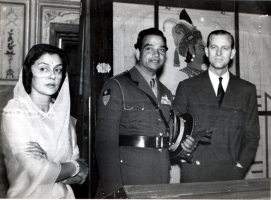 Her Highness Maharani Gayatri Devi with her husband Maj Gen. His Highness Maharajadhiraja Shri Sir Sawai Man Singh ji II of Jaipur & His Royal Highness The Prince Philip, Duke of Edinburgh. (Jaipur)