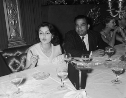 His Highness Maharaja Sawai Man Singhji II Maharaja of Jaipur with his wife Her Highness Maharani Gayatri Devi Maharani of Jaipur at a dinner in London, 7th September 1954.