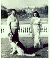 His Highness Maharajadhiraj Sir Sawai MAN SINGHJI II with his wife Her Highness Maharani Gayatri Devi with their German shepherd 'Sikander', at - Rambagh Palace Jaipur Circa 1970