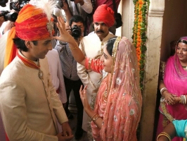 Maharaja Sawai Padmanabh Singh greeted by his sister Gaurvi Kumari at his 18th birthday celebrations. (Jaipur)