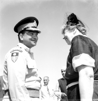 Maharaja of Jaipur Sawai Man Singh II in conversation with First Lady Mrs. Eleanor Roosevelt on her arrival at Jaipur (Jaipur)