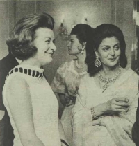 Rajmata Sahiba Gayatri Devi of Jaipur seen with Lady Pamela Hicks at a party in London in 1970 (Jaipur)