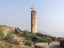 The five-coloured flag of the Kachwaha (Rajawat) dynasty of Jaipur fluttering proudly on the Jaigarh Fort, which was won by Rajput King Man Singh Ji by destroying 5 big tribes