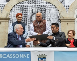 Maharawal Chaitanya Raj Singh of Jaisalmer attending the signing ceremony of the twinning of the cities of Jaisalmer and Carcassonne on August 30, 2025