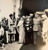 Dr. Karan Singhji with his parents His Highness Maharaja Hari Singhji and Her Highness Maharani Tara Devi at Raghunath Temple Jammu, March 1949.