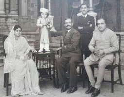 L to R : H.H Maharani Tara Devi Sahiba of J&K, Yuvraj Saheb Karan Singh of J&K H.H Nawab Saheb Sir Taley Muhammad Khanji of Palanpur H.H Maharaja Shri Sir HARI SINGH Bahadur of Jammu and Kashmir