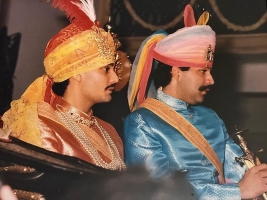 Yuvraj Vikramaditya Singh of Jammu and Kashmir, accompanied by his brother Maharaj Kumar Ajatshatru Singh, during his royal wedding procession.