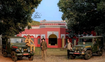 H.H. Raja Ranvijay Pratap Singh Judev and his son Yuvraj Kunwar YashPratap Singh Judev at their hunting lodge in the jungle of Jashpur