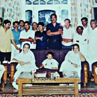 Lt. Rajmata Scindia of Gwalior and Lt. Rajmata Jaya Kumari Devi Singh of Jashpur with Rajkumar Kunwar Dilip Singh Judev Jashpur, Rajkum Kunwar Shaturnjay Pratap Singh Judev Of Jashpur in the back.