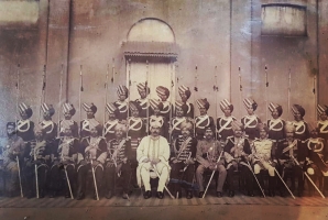 His Highness Maharaja Sir Sri Sri Sri Vikram Dev III Bahadur KCIE with the feudal lords and other army officials of Jeypore Samasthanam (Jeypore)