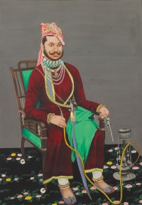 His Highness Raja Shri Udai Singh Sahib of Jhabua holding a hookah pipe and pistol (Jhabua)