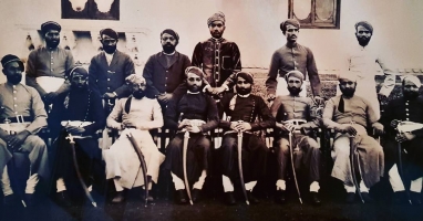 Raj Kuber Singh Ji of Jhadol seated 3rd from right with Mewar Jagirdars at Sajjan Niwas 1928