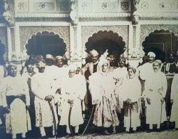 H.H. Dharam Divakar Prajavatsal Patit-Pawan Maharaj Rana Sri Sir Rajendra Singh Dev Bahadur, K.C.S.I., of Jhalawar, with his baraat party at Garh Palace, Jhalawar, c. 1920. (Jhalawar)